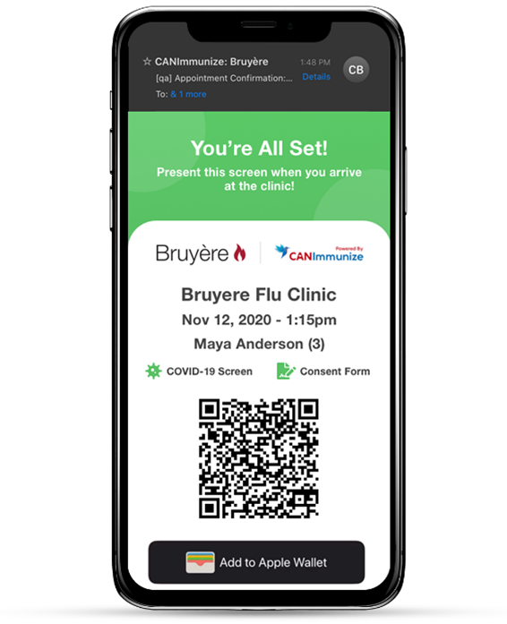 Mobile phone with CANImmunize flu clinic confirmation